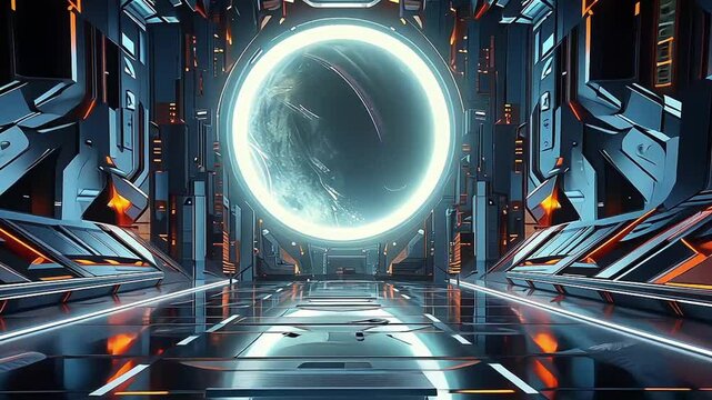 Glowing corridor with circular light portal and metallic walls, great for tech intros or gaming backdrops