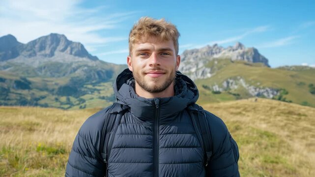 Young man hiking through breathtaking mountains, embracing beauty of outdoor nature landscapes.