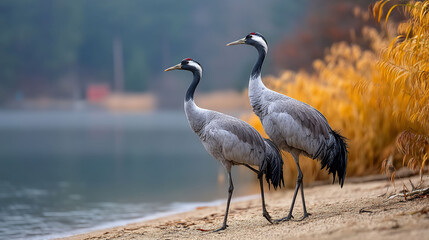 Naklejka premium Two elegant birds with long necks stand near a tranquil lake. Reeds and trees in the background