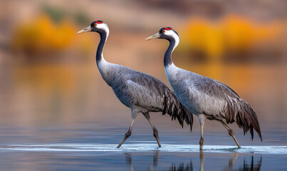 Fototapeta premium Two elegant cranes wading through water, with fall foliage background