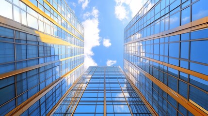 Fototapeta premium Low angle view of modern glass skyscrapers against a partly cloudy blue sky.