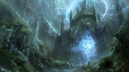 A gothic castle with towering spires a glowing mystery 
