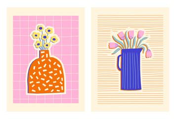 Set of hand drawn colorful posters with abstract flowers in vases. Contemporary art bouquets on geometric backgrounds. Trendy floral design. Vector illustrations