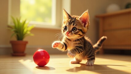 Cute Kitten Playing With Red Ball