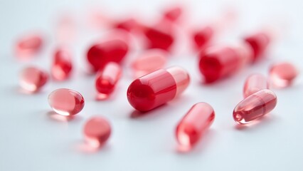 Isolated medical capsules composition, vibrant healthcare theme, sterile white surface, high-resolution ad photography