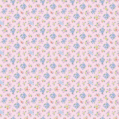 Seamless Floral Pattern with Blue Roses and Pastel Flowers on Pink Background – Vintage Botanical Design"