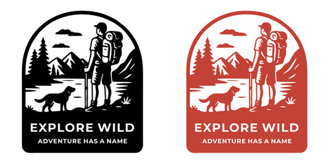 monoline adventure vintage outdoor badge design-hiking with dog in the wild, mountain