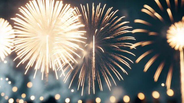 Radiant gold and silver fireworks twinkle alongside bokeh lights and ample copy space. Abstract festive background.