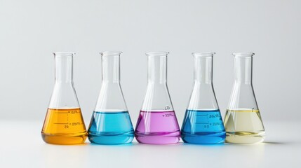 Five glass beakers with different colored liquids, arranged in a row on a white background.