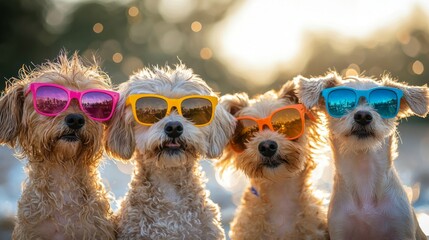 Four Playful Dogs Wearing Colorful Sunglasses in Summer Sunshine