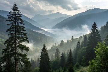 A misty morning light filters through the green forest trees