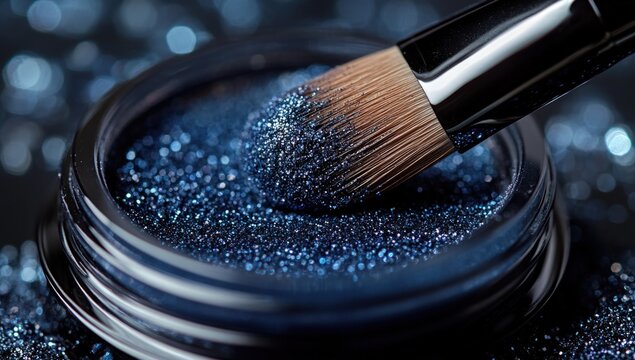 Close-up of dark blue glitter in a container, with a makeup brush