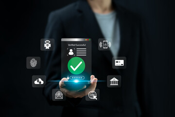 Personal Security Two-step online authentication concept, Women use smartphone login security system and Verify Success on smartphone, Email Link, Personal data, Banking, Money transfer, Fingerprint