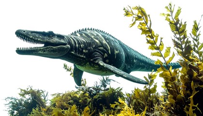 Underwater Mosasaur Near Kelp