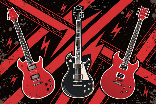 Create a vibrant vector background featuring bold, stylized electric guitars, radiating energy and a rock-and-roll aesthetic.  Include rich color gradients and dynamic lines.