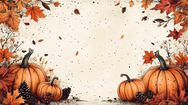 Hand-drawn fall-themed decorative borders with pumpkins and maple leaves 