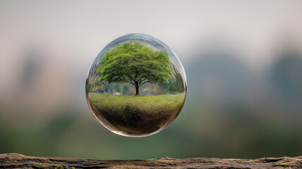 Green tree with lush foliage is reflected inside transparent glass sphere, floating above wooden surface with blurred natural background, evoking sense of calm and environmental focus