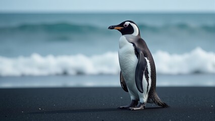 Naklejka premium Magellanic Penguin On Black Sand Beach