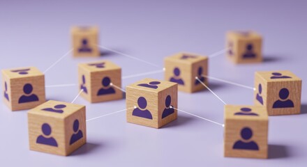 Wooden blocks with person icons connected by lines on a light surface.