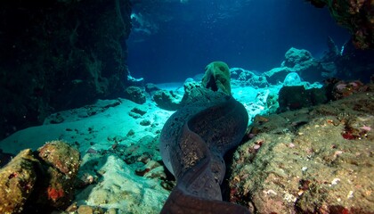 Fototapeta premium Spotted Moray Eel in Dark Reef Cave Underwater