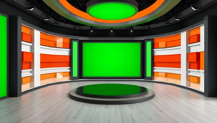 Modern TV studio set design green screen backdrop orange accents sleek style perfect broadcast