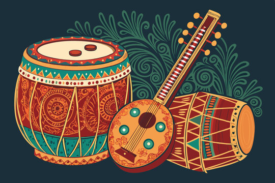 Create a vibrant vector illustration of traditional Indonesian gamelan instruments, showcasing detail and diversity. Include prominent gongs, saron, gambang, and kendang.