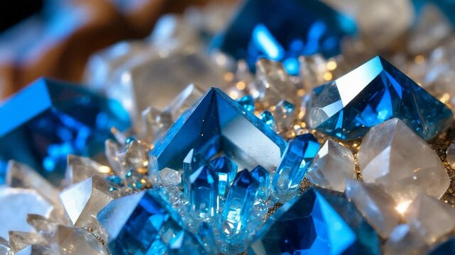 Detailed macro cross section of a vibrant geode. Beautiful natural crystal gemstones. Intense close-up footage.