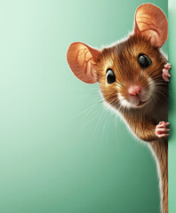 A cute little mouse peeking from around the corner. Room for text or copy space.