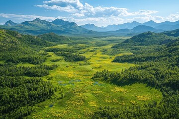 Obraz premium Stunning Aerial View of Lush Green Valley with Mountains and Blue Sky in the Background on a Sunny Day