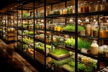 Fototapeta premium Modern shelves filled with jars and greenery in a stylish interior.