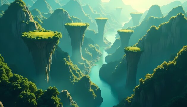 Fantasy Landscape River Floating Pillars