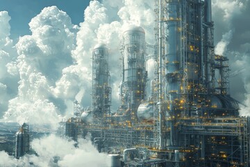 Fototapeta premium Futuristic Industrial Complex with Towering Structures and Dramatic Cloudscape in a Sci-Fi Setting
