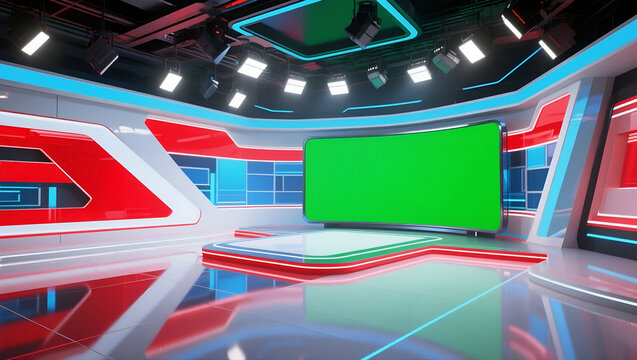 Modern TV studio set design vibrant colors sleek futuristic aesthetic perfect for news broadcasts