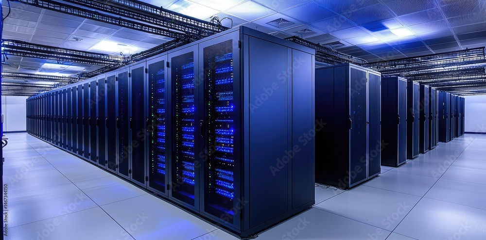 Poster Highly secure data center with multiple server racks, glowing with blue lights and overhead cable trays, ideal for IT infrastructure and storage visuals