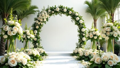 Elegant wedding ceremony setup with white floral arrangements, gold accents, and lush greenery , event, greenery, design