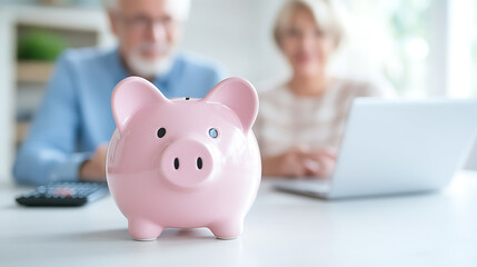 Pink piggy bank symbolizing financial security for a senior couple planning their retirement with a laptop and calculator in a bright, comfortable home.