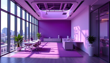 Bright purple corporate office featuring a desk and chair in a professional setting