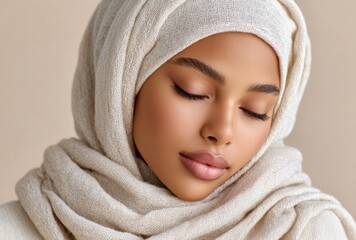 A beautiful woman wearing a hijab with a soft, beige-colored background, natural skin tone, and natural makeup