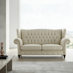 Elegant Cream Leather Sofa in Modern Living Room