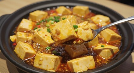Serving Tofu Dish with Spoon, Asian Style Food in Bowl