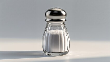 Photorealistic image of a stainless salt shaker with stackable design on a white background