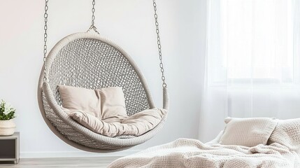 Fototapeta premium A stylish hanging chair in a bright bedroom.