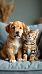 Puppy and cat sitting together on a couch, looking happy, toy, animals