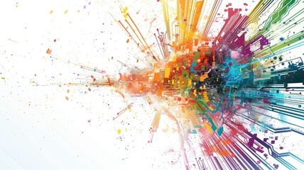 Abstract colorful data flow on complex circuit with digital technology style design. Dust color explode graphic show electric dynamic movement represent about processor algorithm on computer. AIG53.