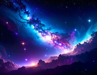 Night Sky Mountainscape Vibrant Nebula, Starry Galaxy, Cosmic Landscape