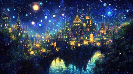 Obraz premium A fantastical city nestled amongst a starry night sky.