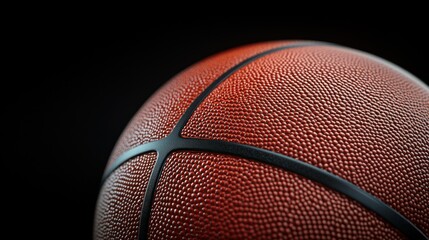 Close-up of a basketball, showcasing its textured surface and black seams against a dark background