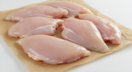 Fresh raw chicken breasts arranged neatly on a sheet of parchment paper. 
