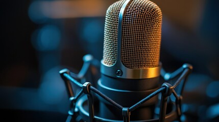 Close-up of a dynamic studio microphone.  The gold-toned grille and black body are clearly visible, set against a blurred background of a recording studio