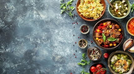 A colorful assortment of pasta dishes arranged on a rustic wooden table with fresh herbs and spices.